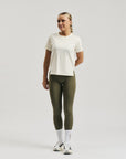Model wearing Cuera Active Cuera Tights Hidden Front Seem in Army, front studio view