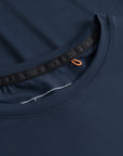 Cuera Active WPC Light Weight T-Shirt in Navy, neck label and care tag detail