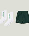 Cuera Green shorts & 2-pack socks, flat lay front view