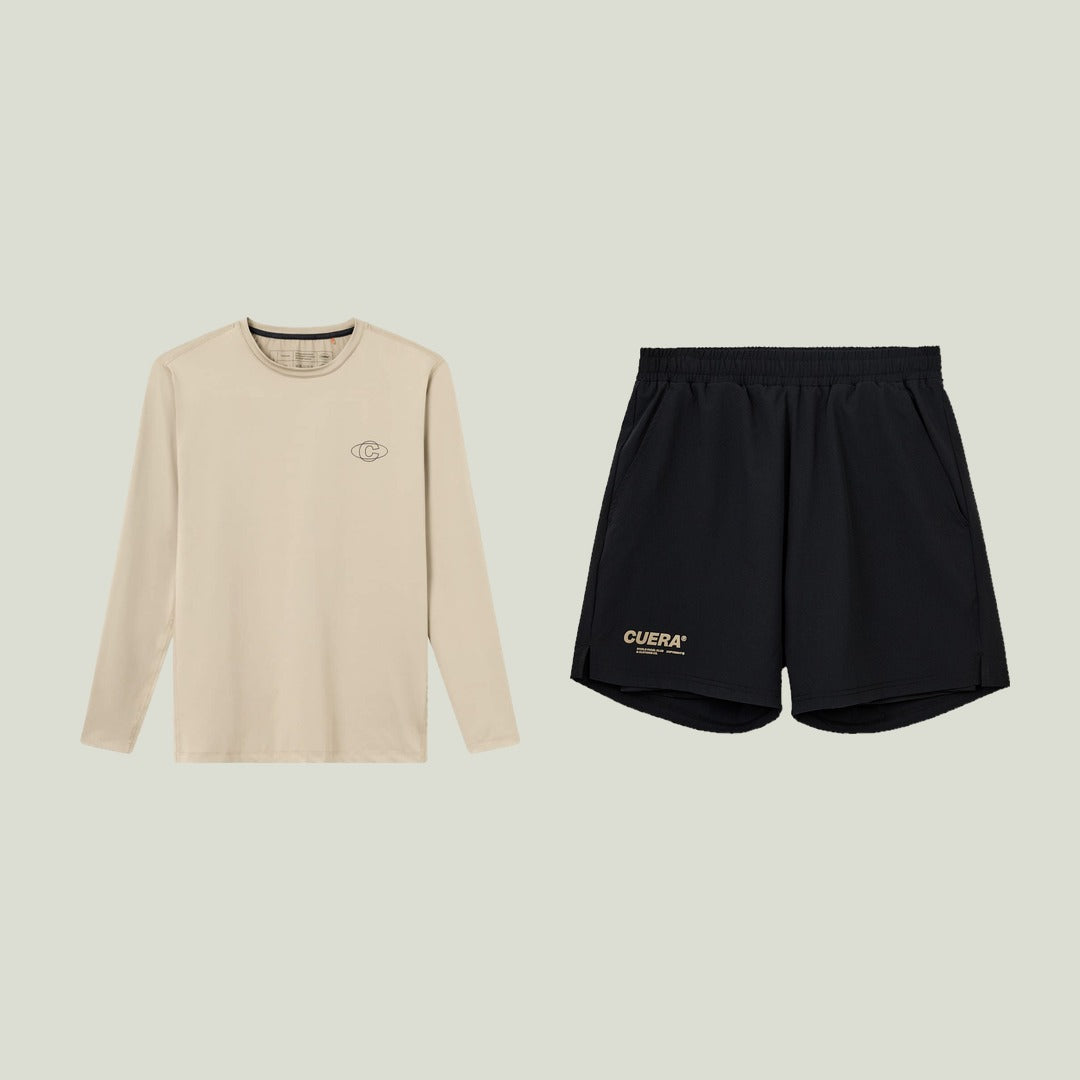 CUERA bundle with the Oncourt LS Layer long-sleeve t-shirt in sand and Oncourt 2in1 shorts in black
