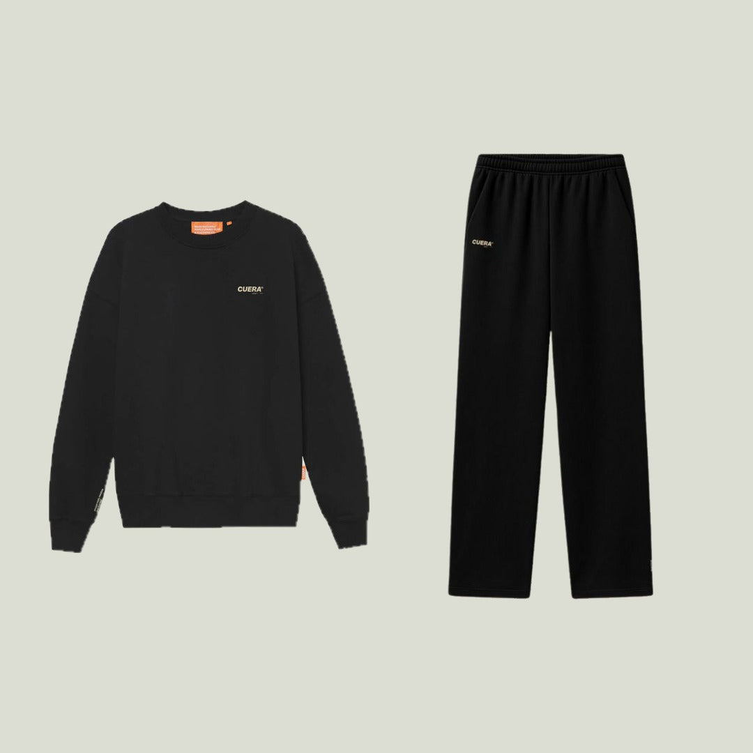 CUERA unisex offcourt set with black crew neck sweat and black wide sweat pants