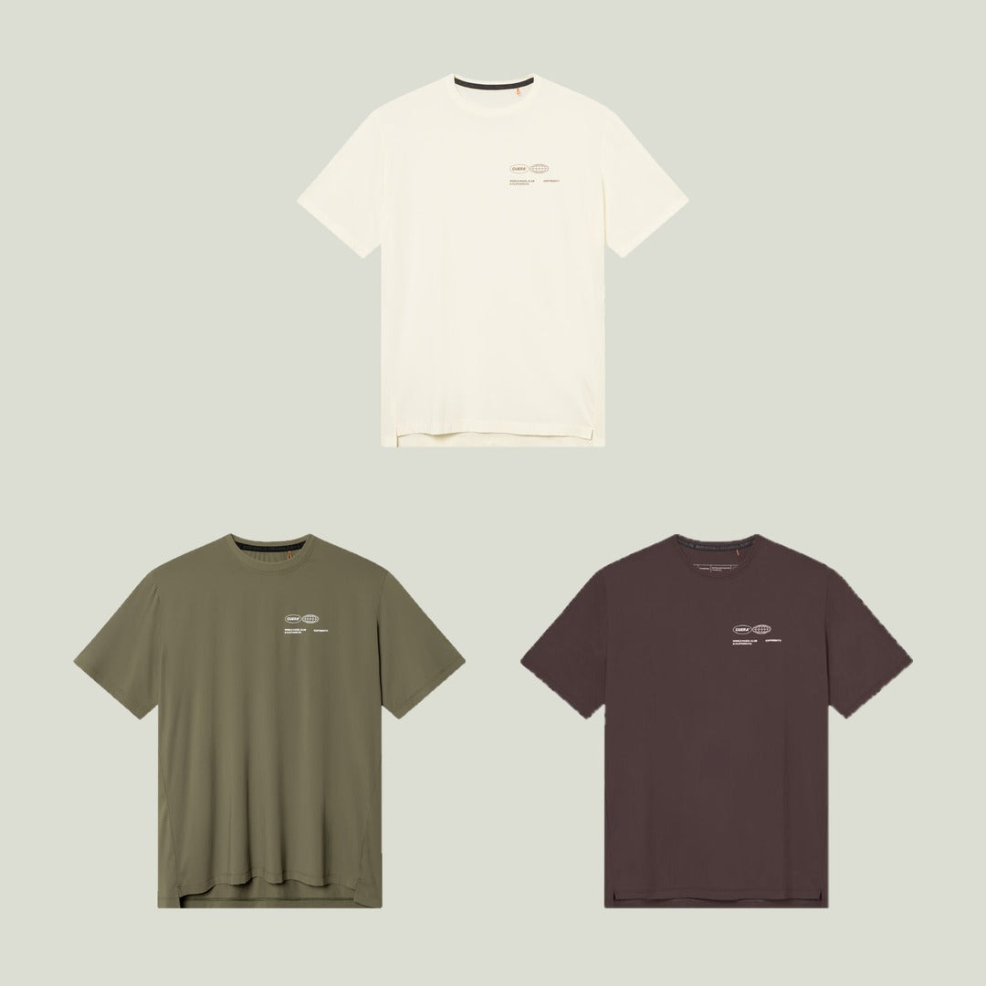 CUERA Oncourt Airy Logo 3-pack with three t-shirts in off-white, army and dark brown