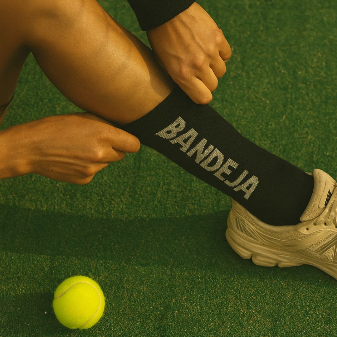Model wearing Cuera 2-pack Bandeja Padel Socks in Black/Sand, close-up detail on model