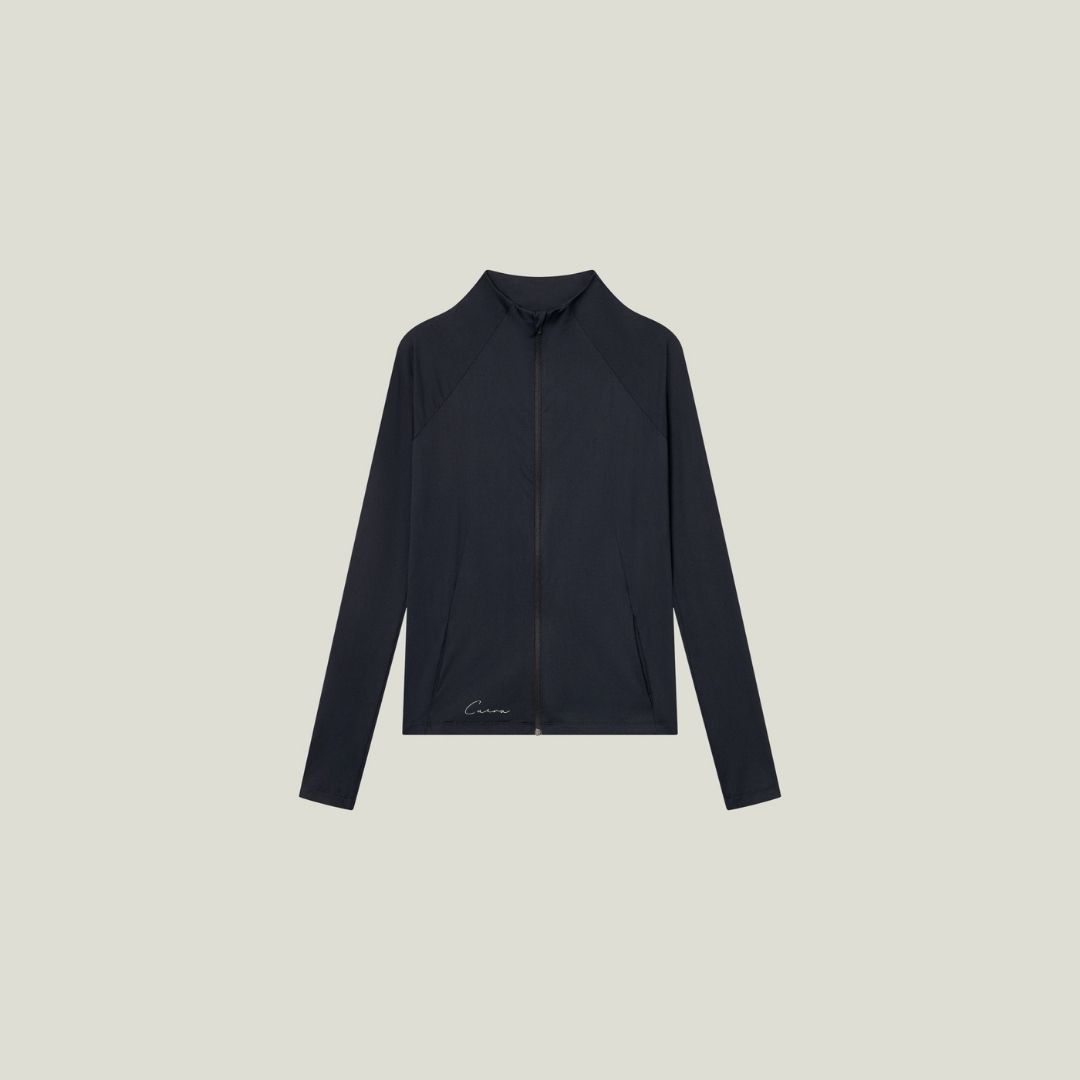Cuera Active Cuera Zip Cardigan in Black, flat lay front view