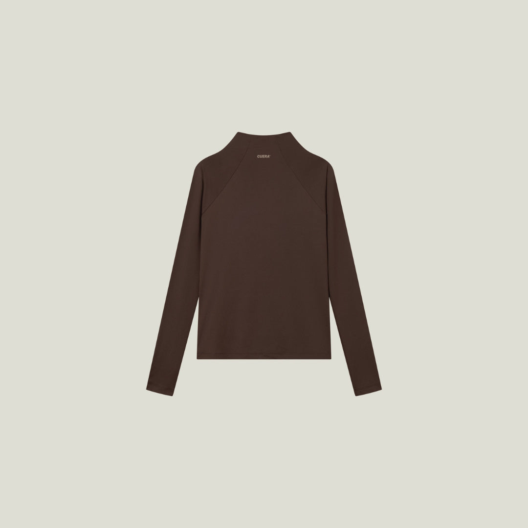 Cuera Active Cuera Zip Cardigan in Dark Brown, flat lay back view