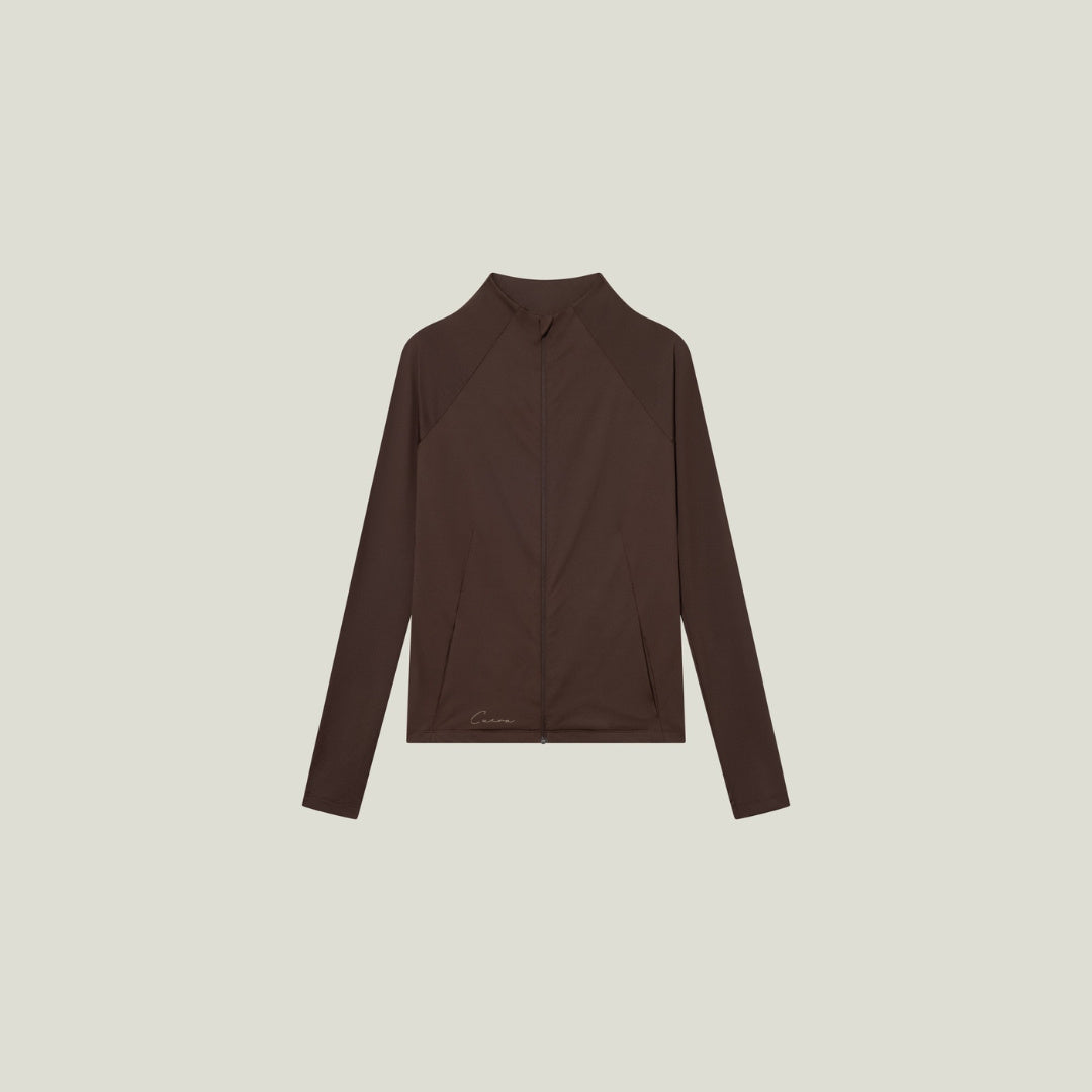 Cuera Active Cuera Zip Cardigan in Dark Brown, flat lay front view