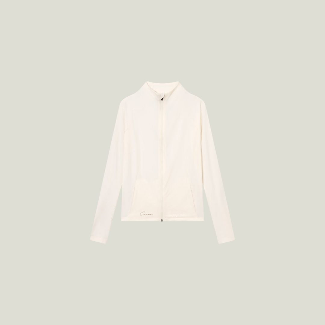 Cuera Active Cuera Zip Cardigan in Off White, flat lay front view