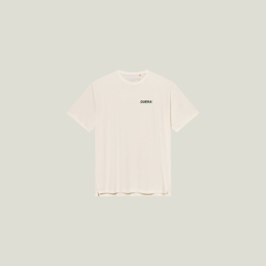 Cuera Active Light Weight T-Shirt in Off White w. Navy/Green, flat lay front view