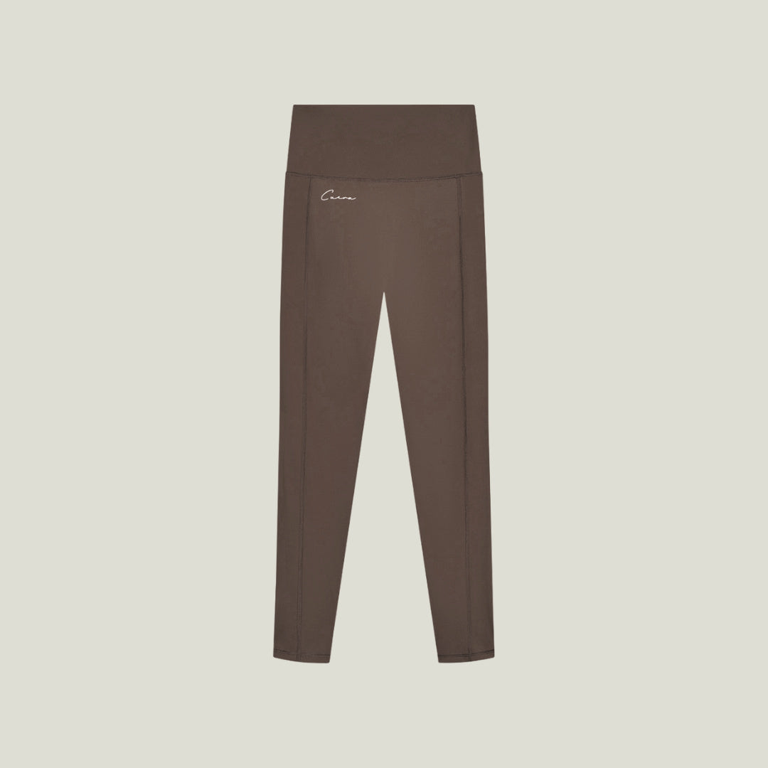 Cuera Active Logo Tights Long in Dark Brown, flat lay front view