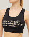 Close-up of Cuera branding on the Active Made Bra in Black