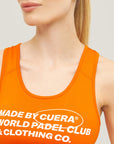 Close-up of Cuera branding on the Active Made Bra in Orange