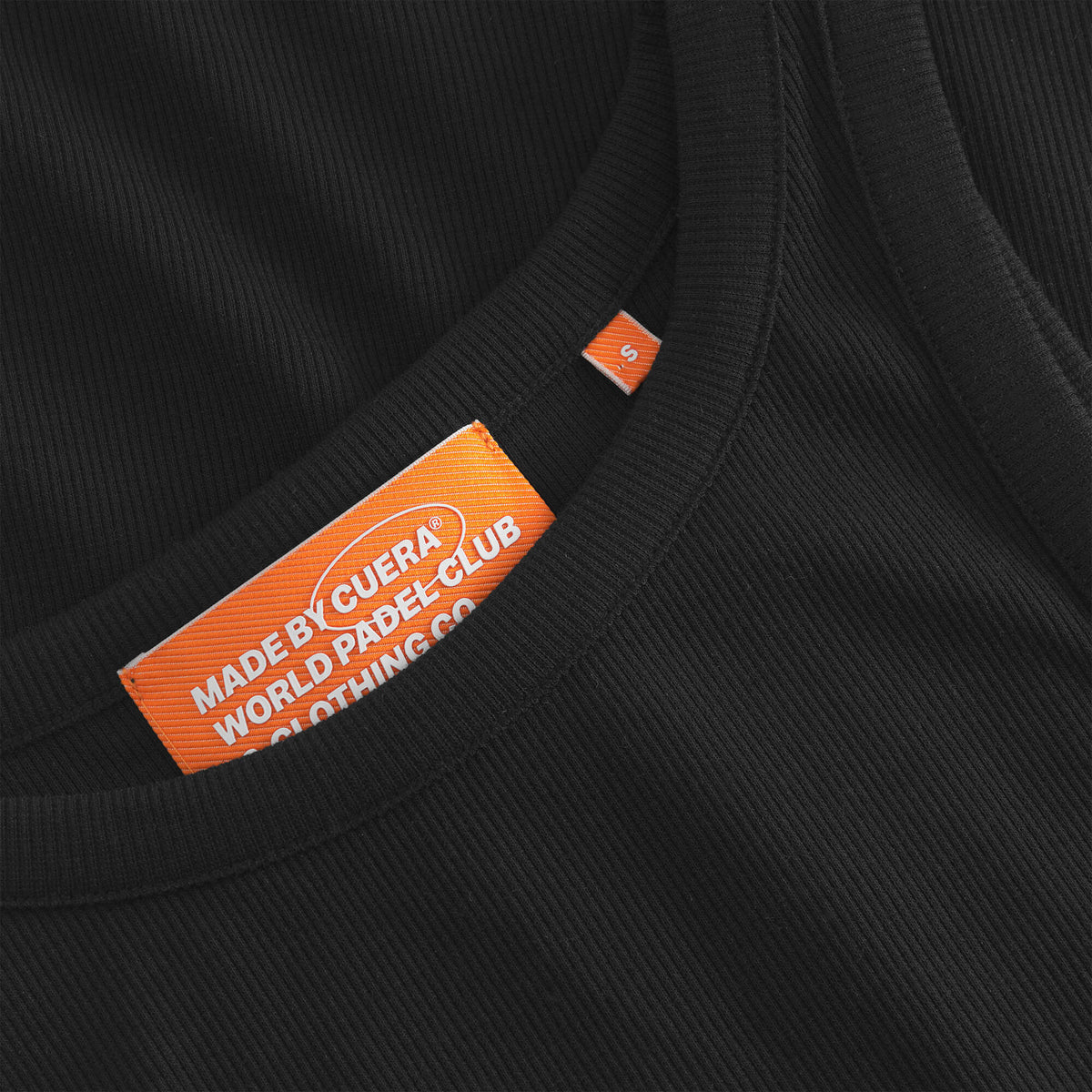 Cuera Active Rib Tank Top Bundle W&B, neck label and care tag detail