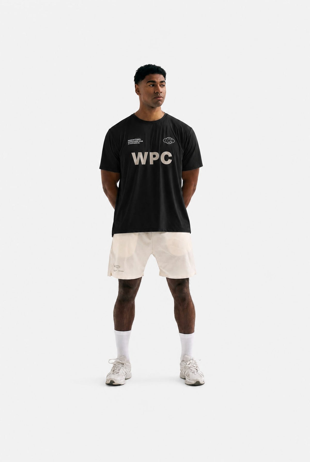 Model wearing Cuera Active WPC Light Weight T-Shirt in Black, front studio view
