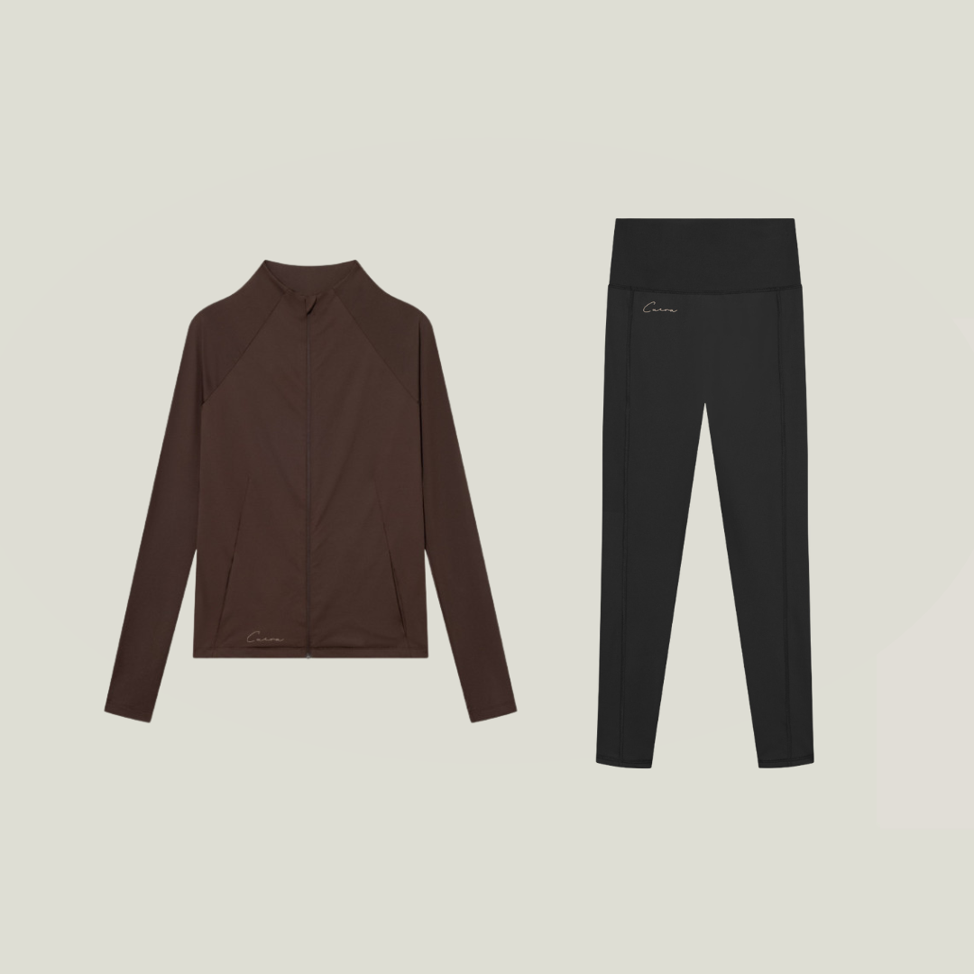 Cuera Active Zip Cardigan & Tights Long in Black/Dark Brown, flat lay front view