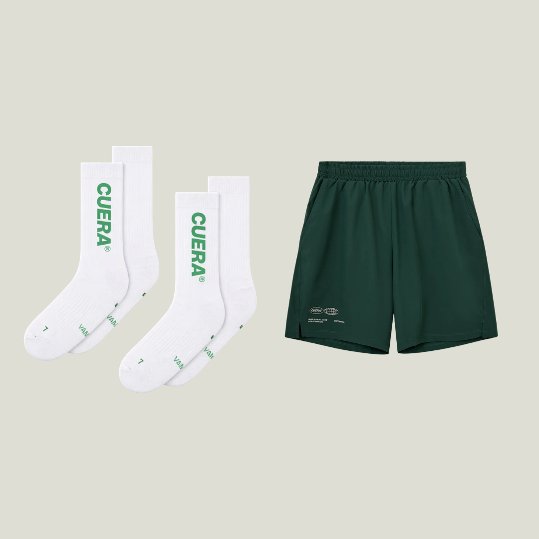 Cuera Green shorts & 2-pack socks, flat lay front view