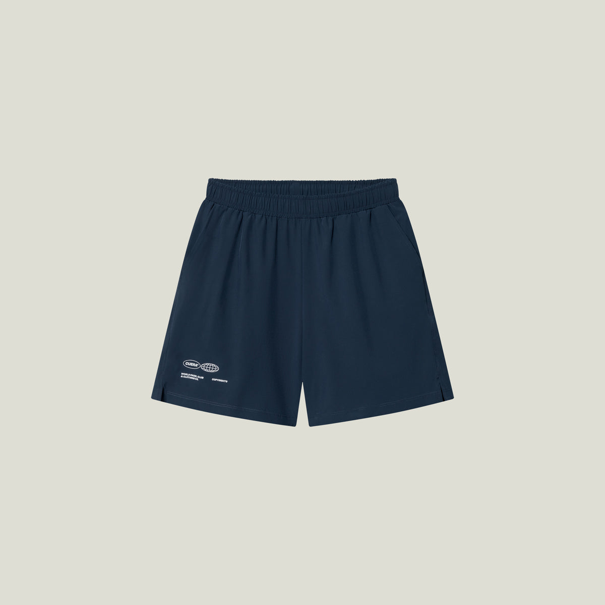 Cuera Mens Active Globe Shorts in Navy, flat lay front view