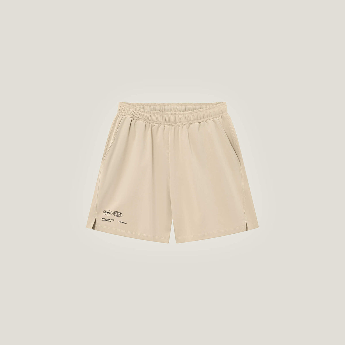 Cuera Mens Active Globe Shorts in Sand, flat lay front view