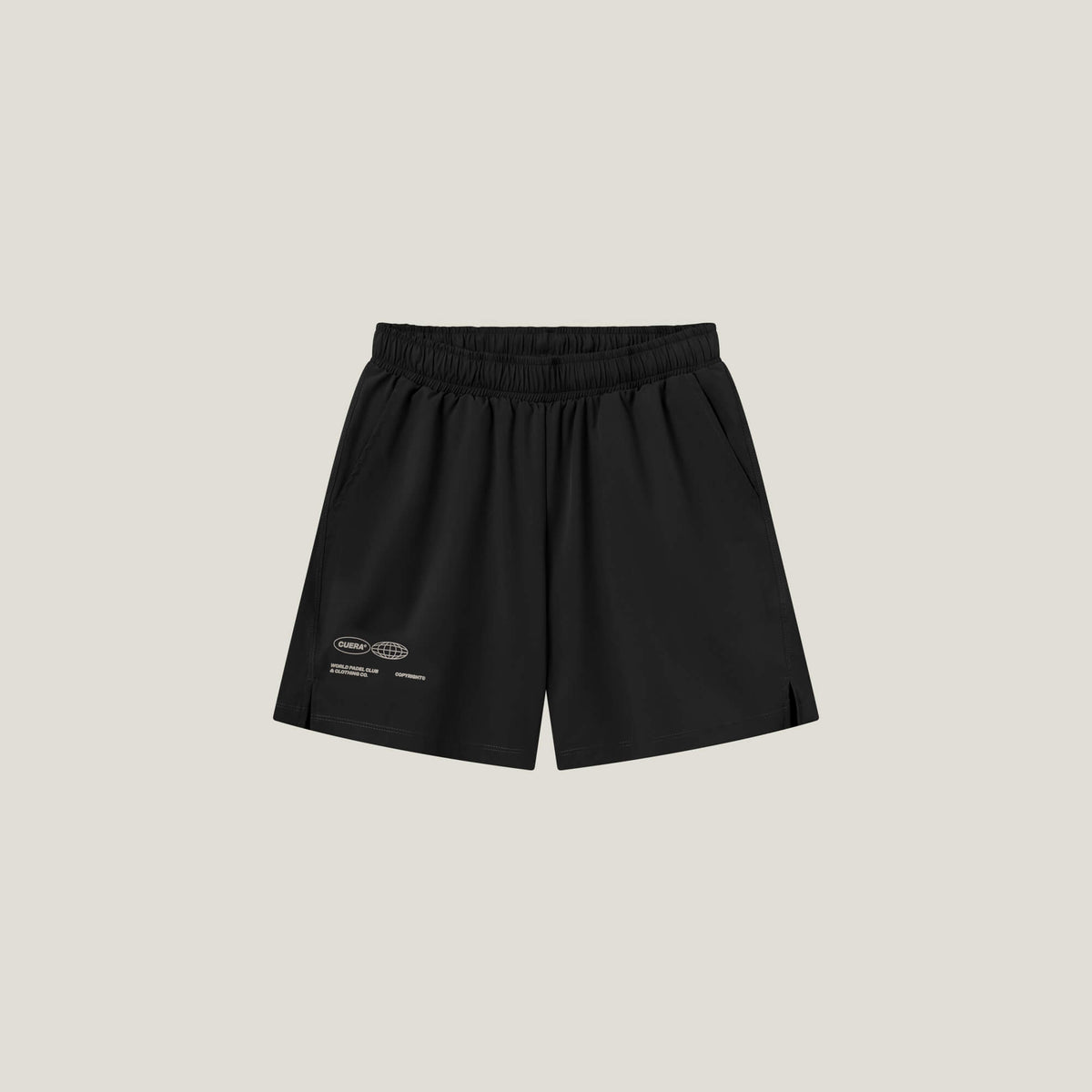 Cuera Men's Active Globe Shorts in Black, flat lay front view