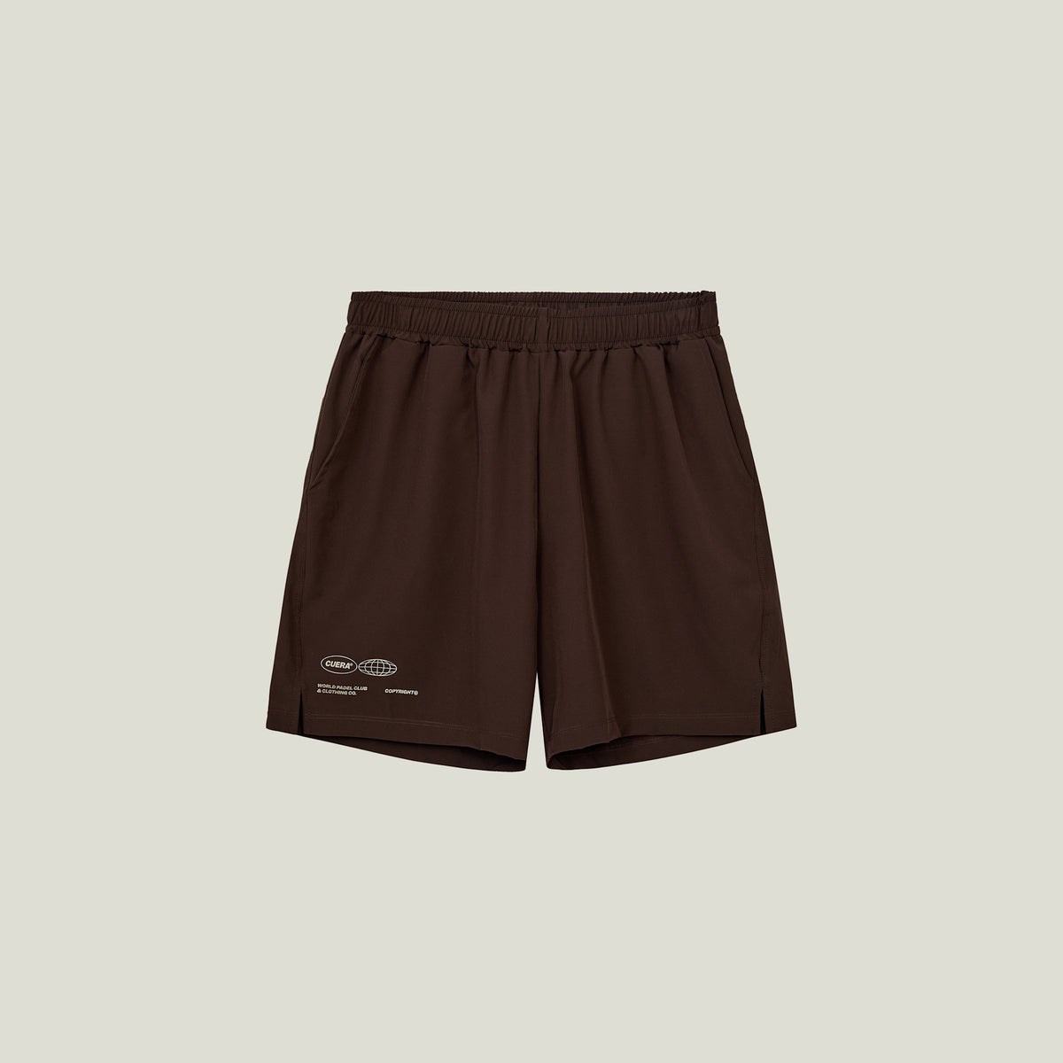 Cuera Mens Active Globe Shorts in Dark Brown, flat lay front view