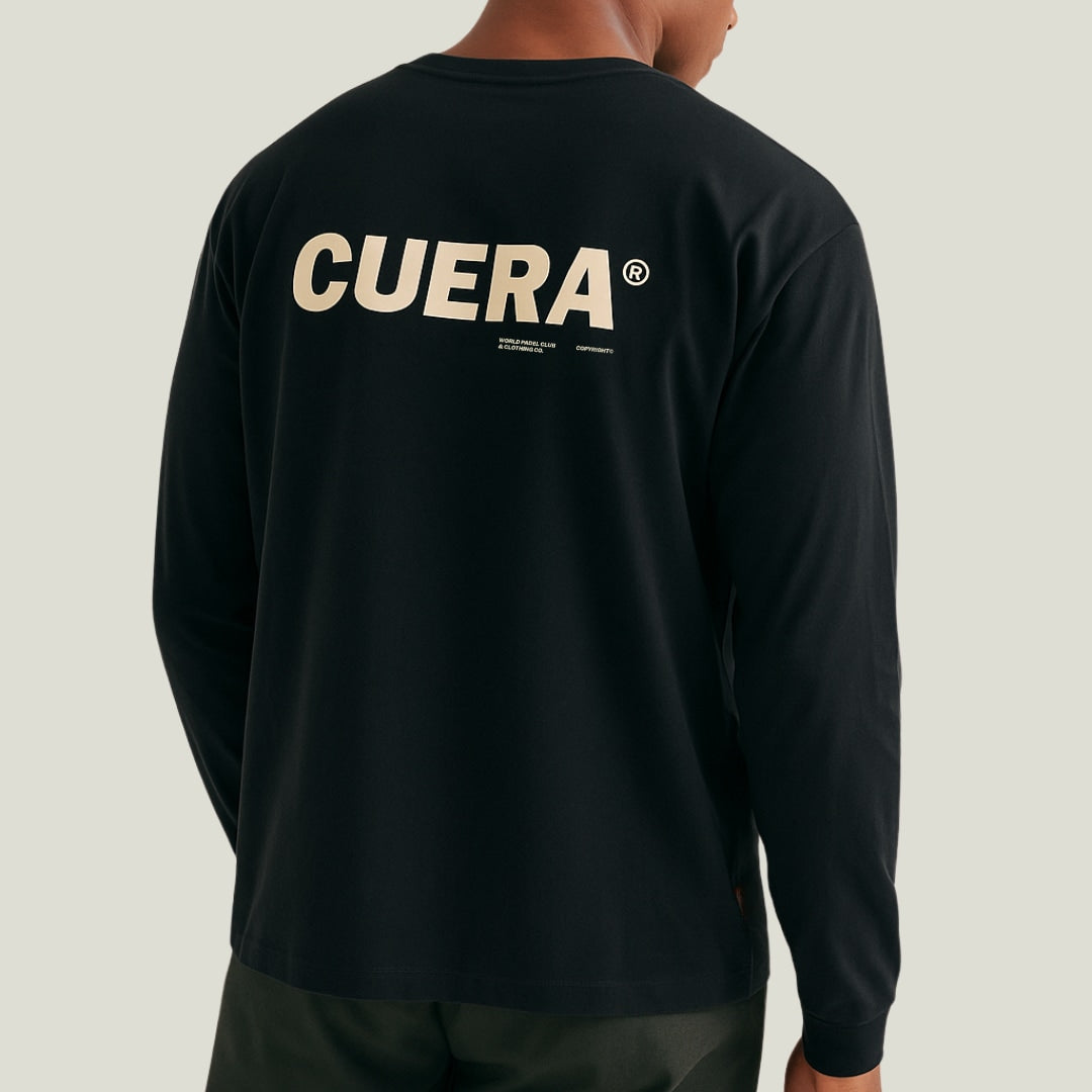 Model wearing Cuera Offcourt Logo Long Sleeve in Antrasit, back studio view