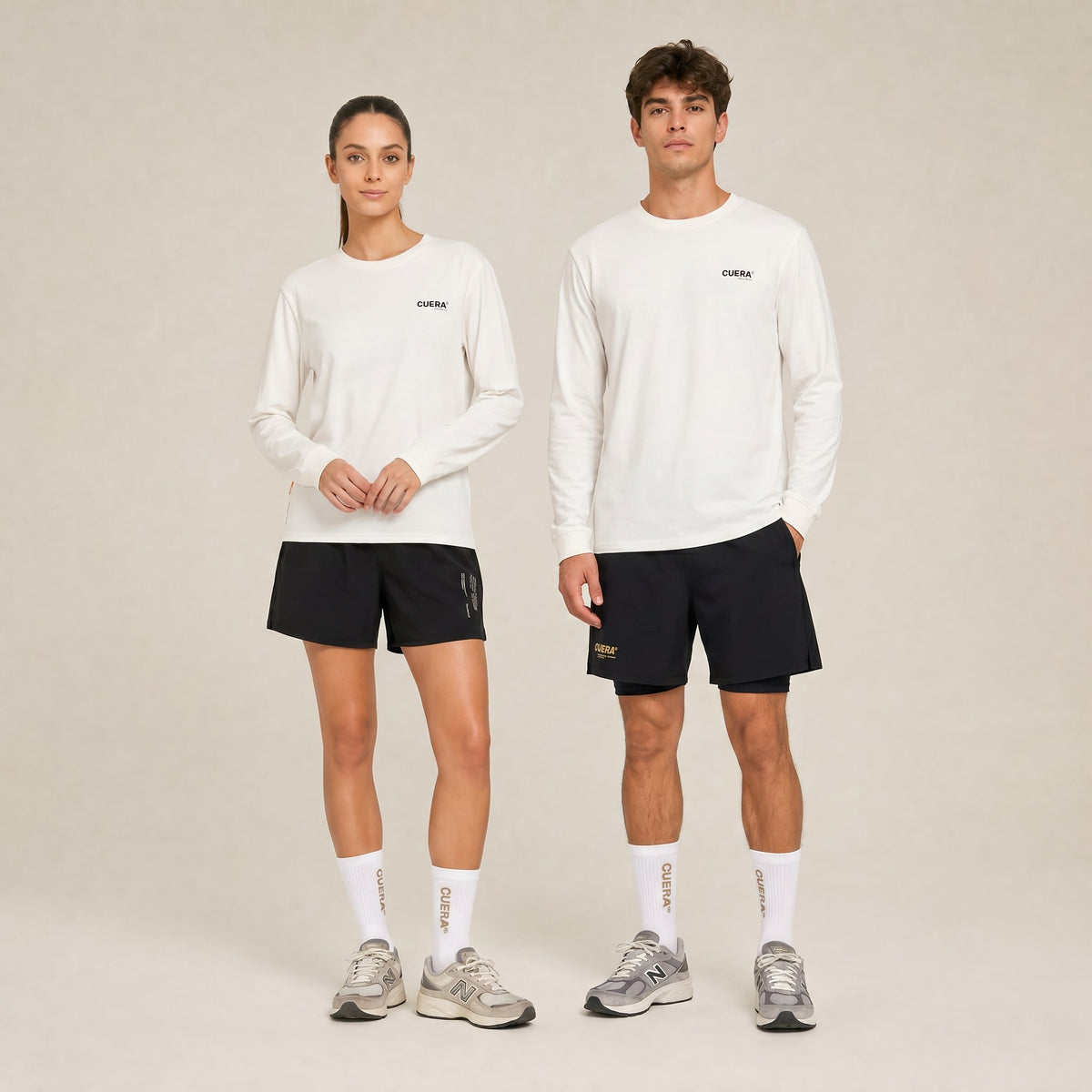 Model wearing Cuera Offcourt Logo Long Sleeve in Off White w. Black, lifestyle action shot on the padel court