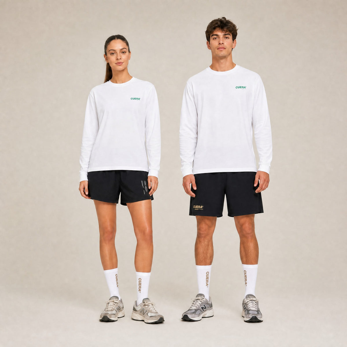 Model wearing Cuera Offcourt Logo Long Sleeve in White w. Green, lifestyle action shot on the padel court