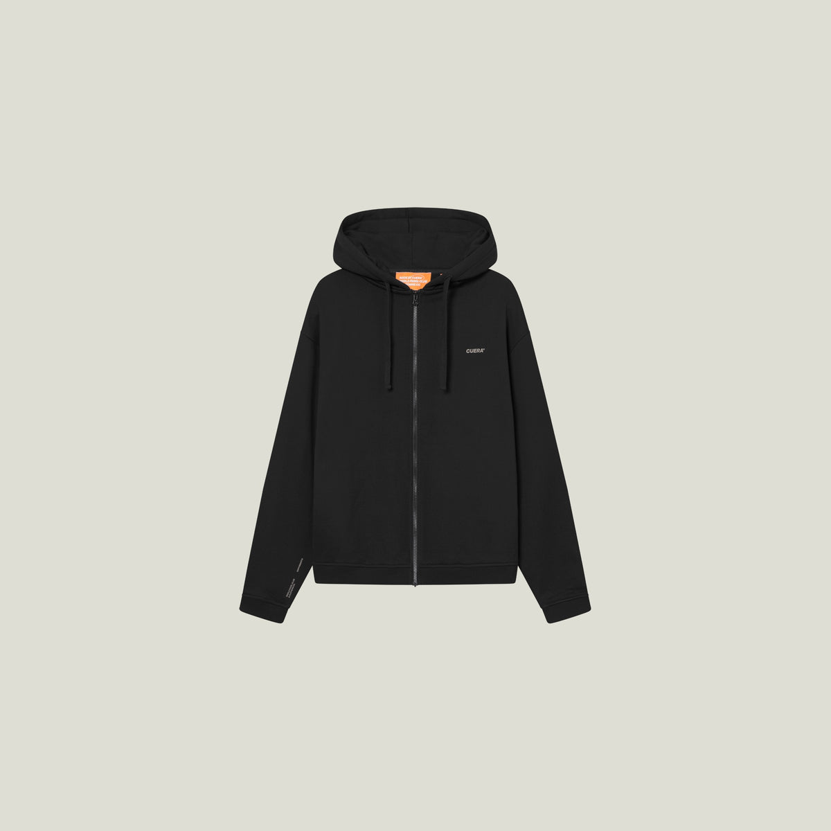 Cuera Offcourt Zip Hood Cardigan in Black, flat lay front view