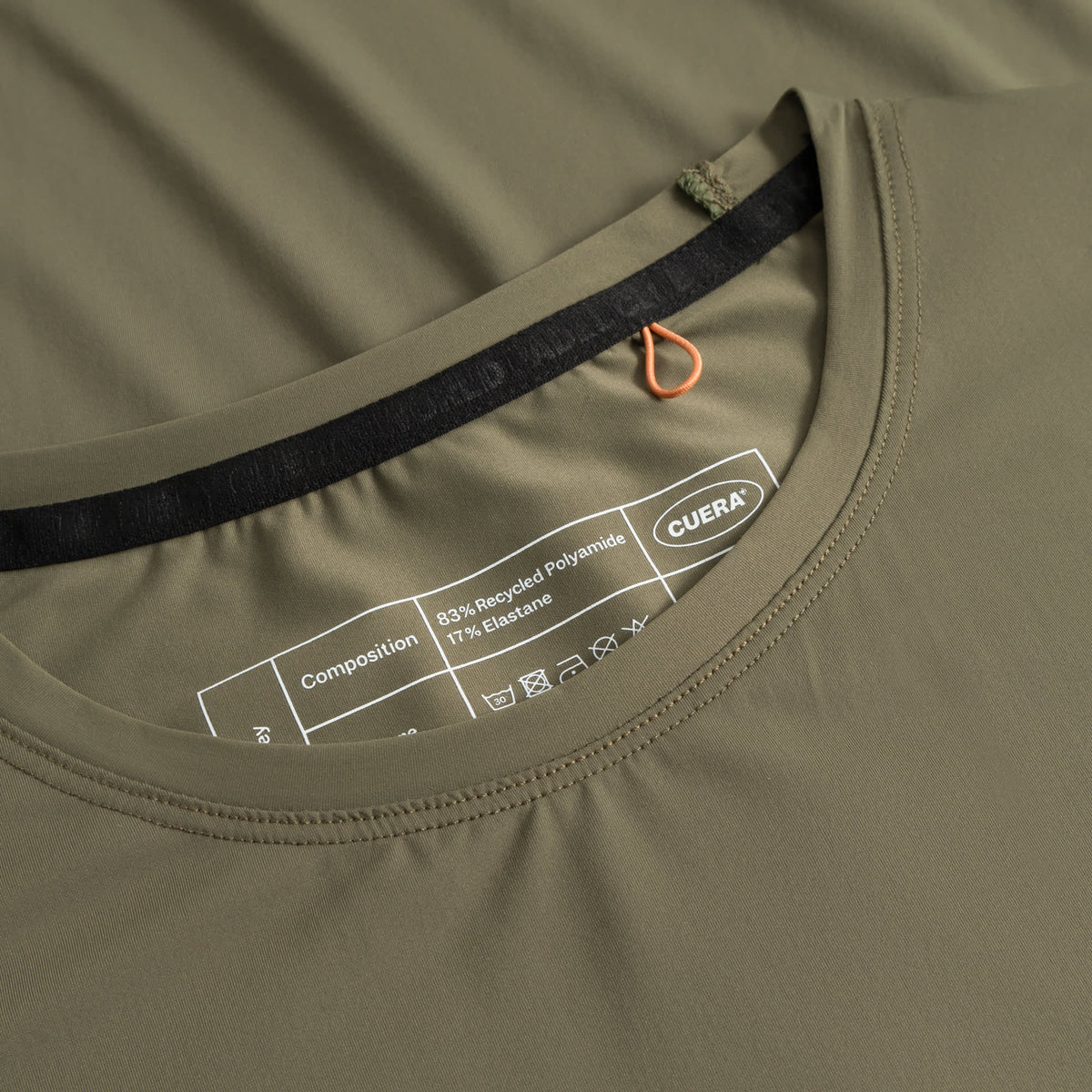 Cuera Oncourt Airy Logo T-Shirt in Army, neck label and care tag detail