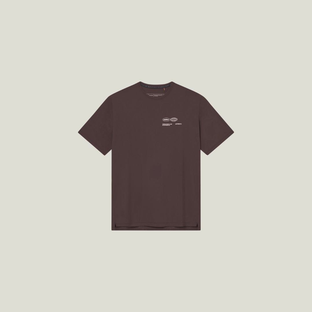 Cuera Oncourt Airy Logo T-Shirt in Dark Brown, flat lay front view