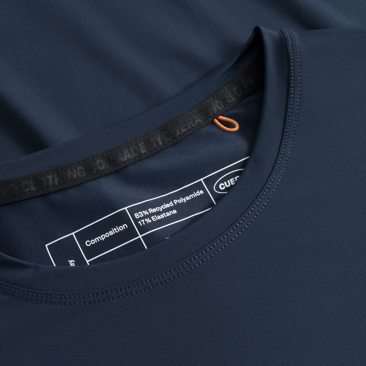 Cuera Oncourt Airy Logo T-Shirt in Navy, neck label and care tag detail