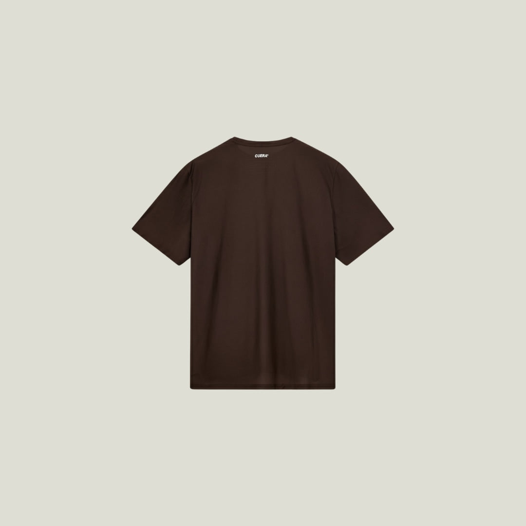 Cuera Oncourt Breathe T-Shirt in Dark Brown, neck label and care tag detail