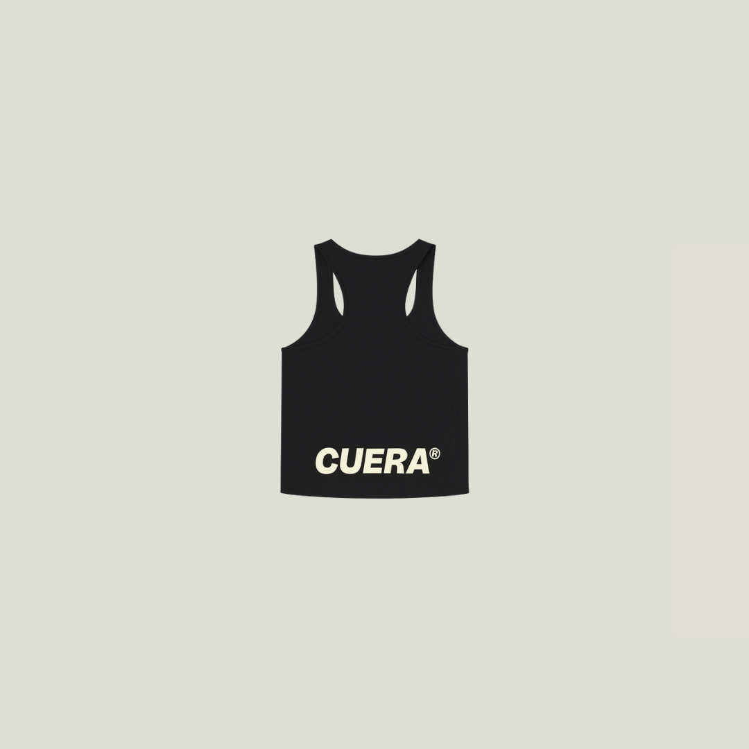 Model wearing Cuera Oncourt Cuera Airy Tank Top in Black, close-up detail on model