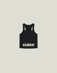 Model wearing Cuera Oncourt Cuera Airy Tank Top in Black, close-up detail on model