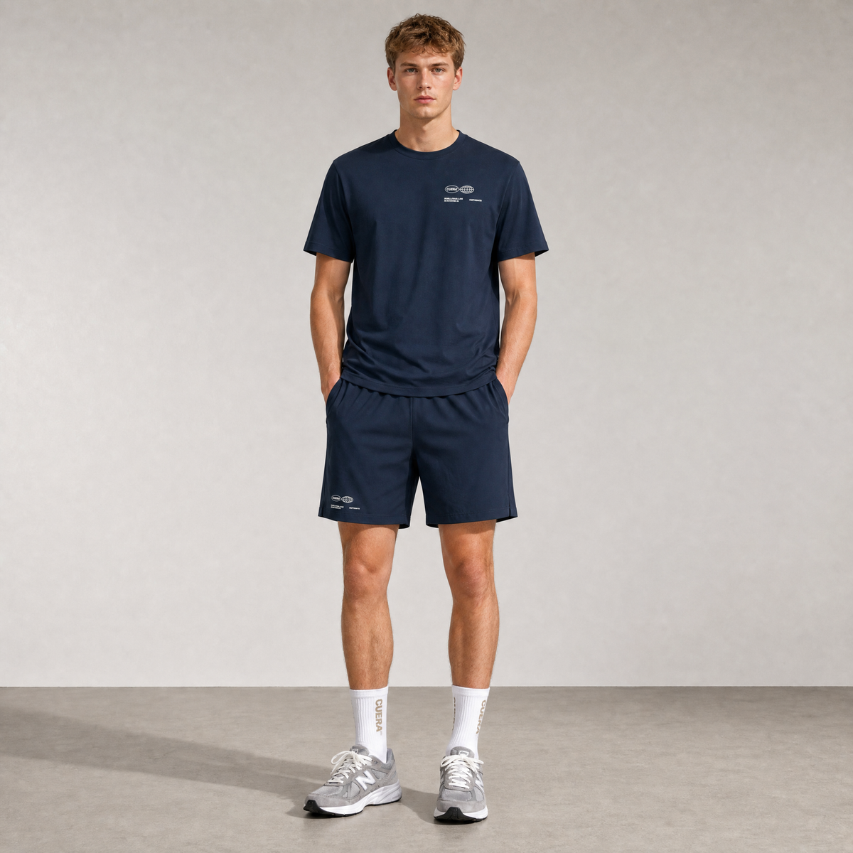 Model wearing Cuera Oncourt Navy Uniform, front studio view
