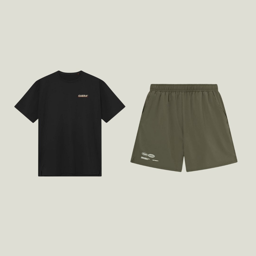 Cuera Oncourt Shorts & Light Weight T-Shirt Army w. Black Bundle, flat lay front view