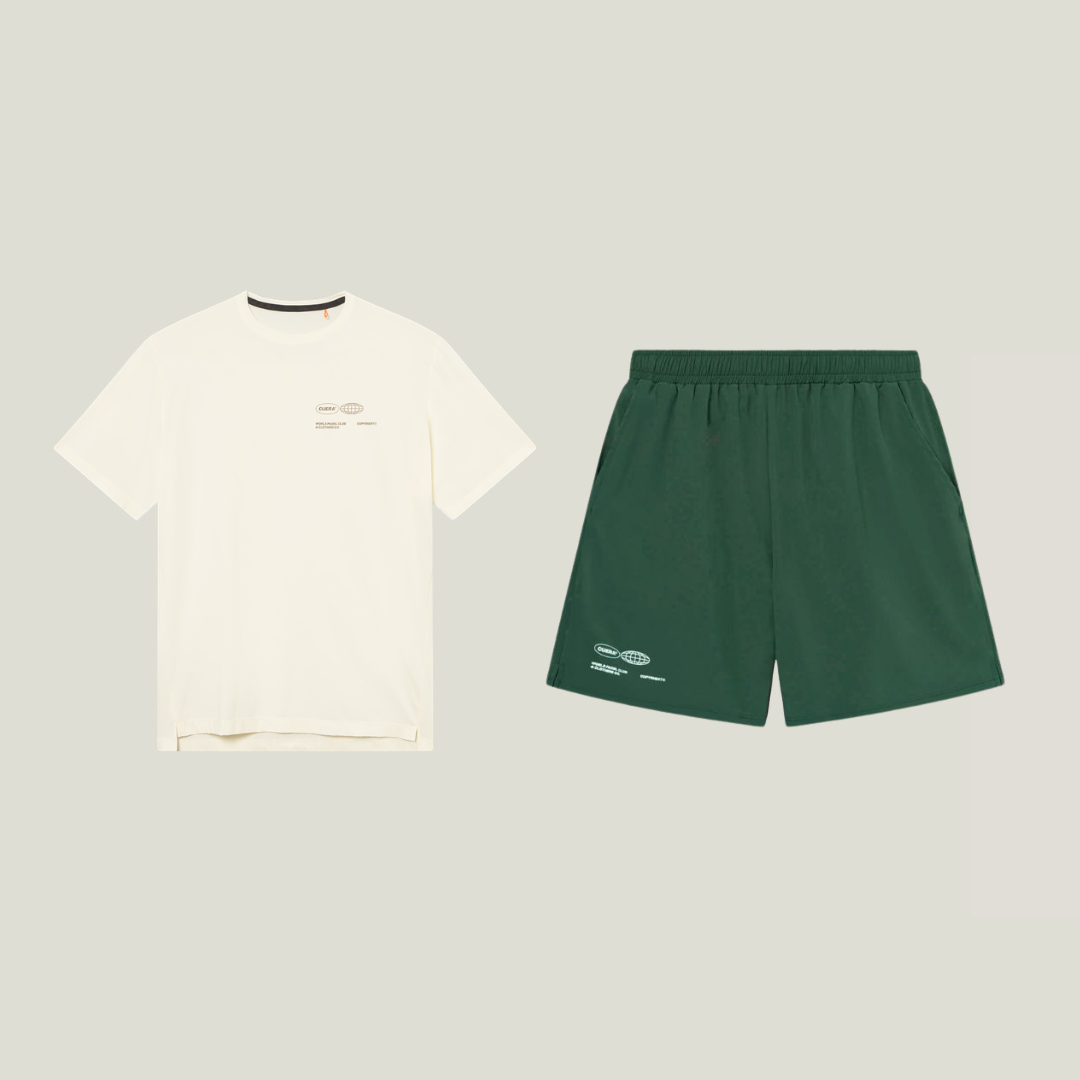 Cuera Oncourt Shorts & T-shirt in Court Green & Off White, flat lay front view
