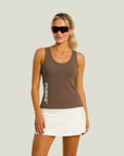 Model wearing Cuera Oncourt Slim Tank Top in Walnut, front studio view