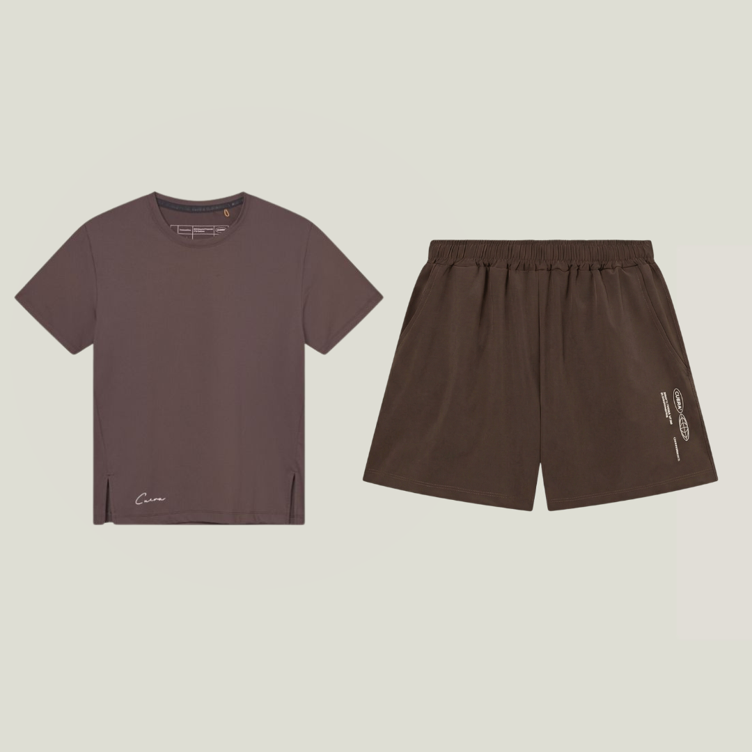 Cuera Slit Top SS & Active Globe Shorts in Dark Brown bundle, flat lay front view
