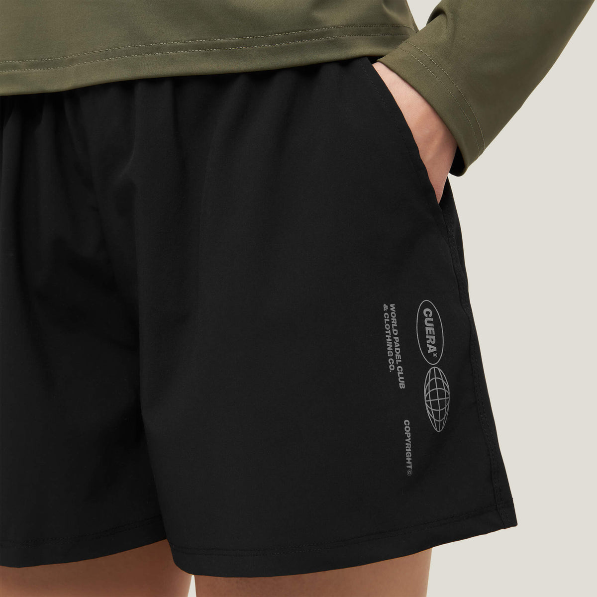 Close-up of the side pocket on Cuera Women's Active Globe Shorts in Black