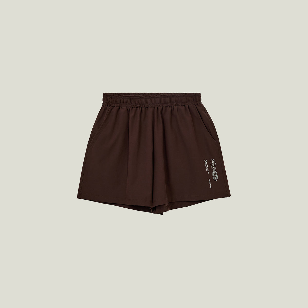 Cuera Womens Active Globe Shorts in Dark Brown, flat lay front view