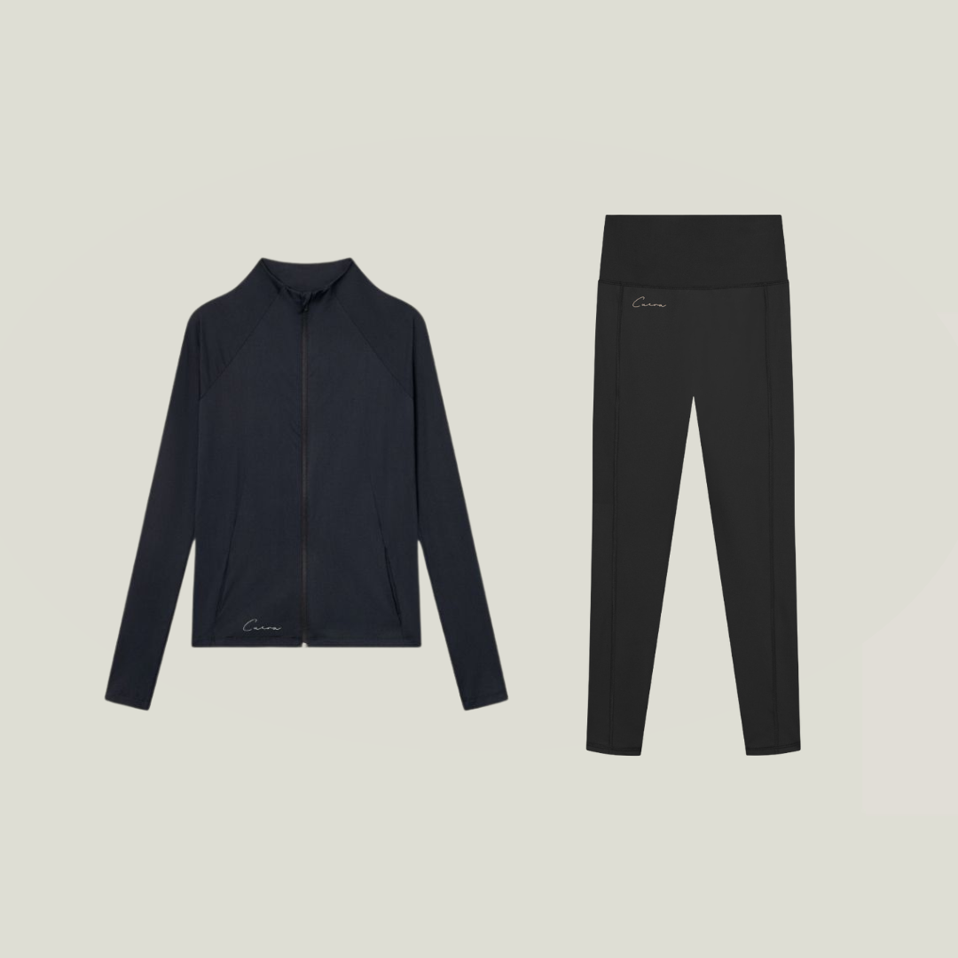 Cuera Zip Cardigan & Tights Long in Black Bundle, flat lay front view